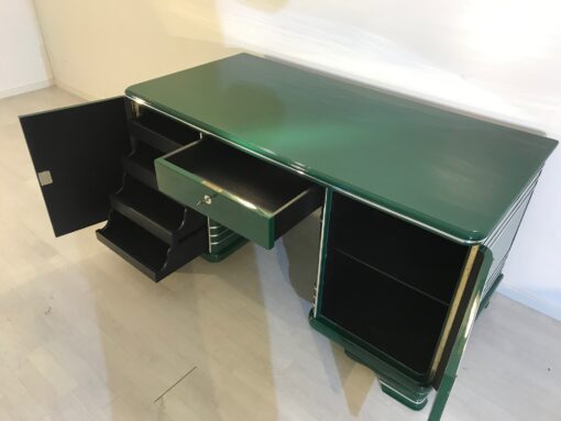 Art Deco Schreibtisch, 1920 aus Frankreich, Original Art Deco Möbel, Jaguar Racing Green, Crombänder, Klavierlack, Antiker Schreibtisch