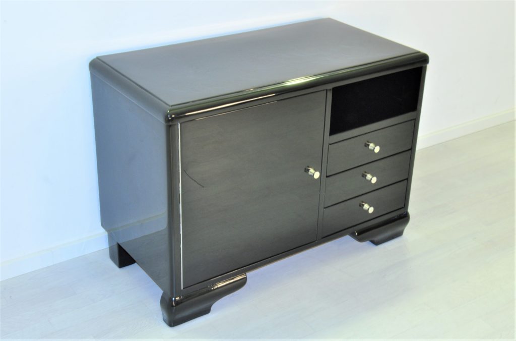 Hochglanz-Schwarze Art Deco Kommode mit Tür - Original Antike Möbel